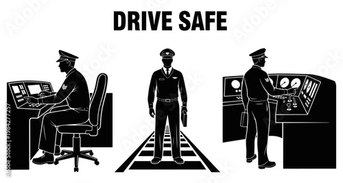 Train conductor in uniform standing on tracks with control panels in silhouette