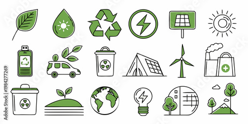 Environmental protection and green energy icon collection with environment sustainability recycling conservation illustration collection sustainable resource protection management electric