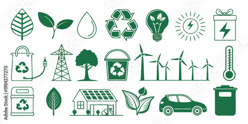 Eco friendly and sustainable energy icon set with environment sustainability renewable thermometer conservation protection pollution electricity resources sustainable friendly recycling