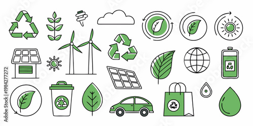 Renewable energy and eco friendly icons set with renewable environment sustainability recycling illustration conservation collection sustainable resource protection management electric