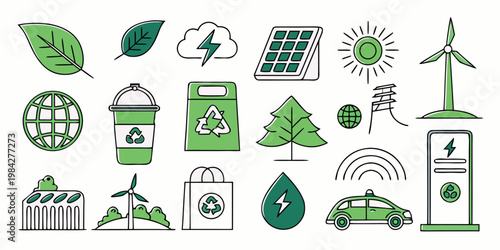 Set of sustainability and renewable energy icons with sustainability environment renewable recycling illustration conservation electric collection sustainable resource alternative lightning