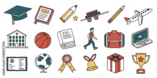 Set of education and school icons in hand drawn style with education learning university academic stationary supplies knowledge graduation airplane building basketball backpack collection
