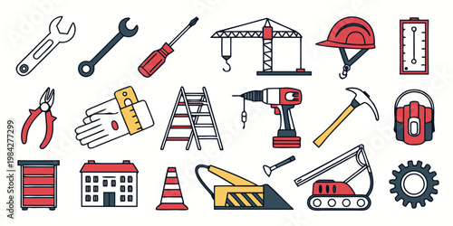 Set of construction industry and repair tool icons with hard hat hand tools construction industry screwdriver building equipment maintenance excavator measuring industrial technical