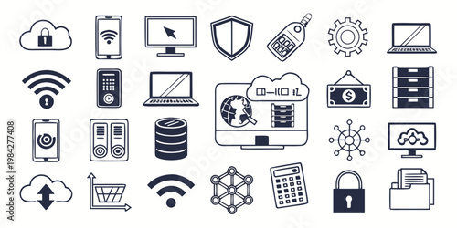 Set of technology and network icons representing digital cloud computing connectivity and data management with technology internet computing connectivity communication security encryption