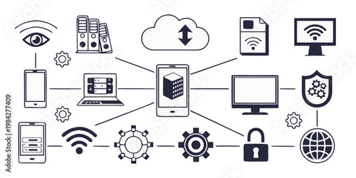 Information technology and network infrastructure icons illustrating server connectivity and cloud computing systems with technology connectivity internet communication infrastructure security
