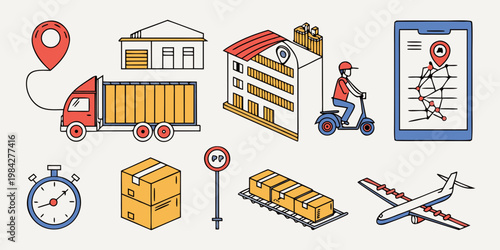 Logistics and supply chain management icons set including delivery truck airplane and warehouse shipping concept with e commerce logistics delivery shipping transport warehouse distribution