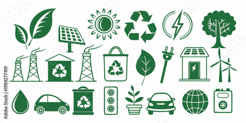Set of green sustainable energy and ecology icons with sustainability environment renewable recycling electric industry conservation alternative transport technology resource pollution