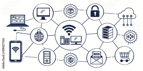 Network and digital connectivity concept map with technology icons representing io t and data integration connectivity technology internet communication integration computer smartphone wireless