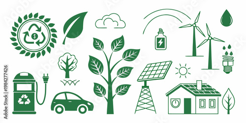 Ecological sustainable energy and green living icons with sustainability environment renewable illustration recycling electric conservation resource technology management collection