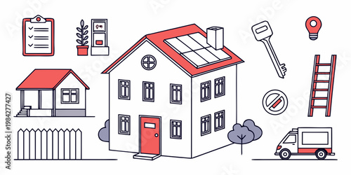 Residential real estate and home property icons set with property building residential architecture mortgage delivery checklist construction illustration business collection structure