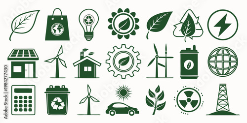 Renewable energy and environmental protection icon set with sustainability environment renewable recycling illustration conservation industry resource technology management collection