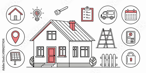 Residential property management and home improvement concept vector icons with real estate property architecture construction management improvement residential building services illustration