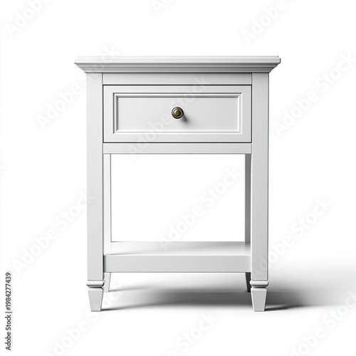 A pristine white bedside table stands isolated against a clean white background.