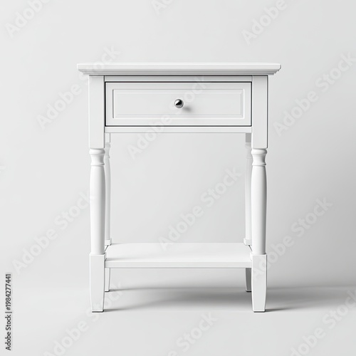 A clean, white bedside table with a single drawer and open shelf stands against a plain white background, showcasing a minimalist and modern design.