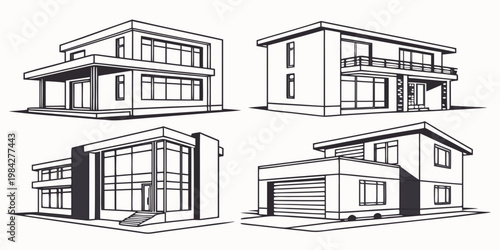 Modern suburban residential house exterior designs architectural collection with real estate architecture building residential exterior suburban construction property illustration structures