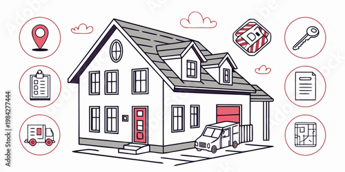 Home buying and real estate process infographic elements with house and service icons property architecture construction services illustration residential building location checklist