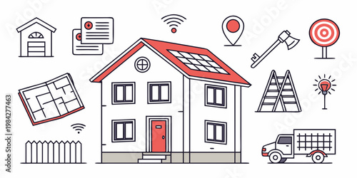 Real estate and home construction planning line icon set featuring house solar panels and floor plans construction architecture planning blueprint building residential property development