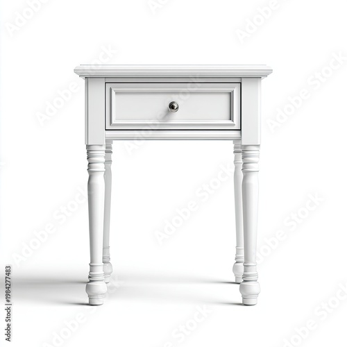 A pristine white bedside table with a single drawer and decorative legs stands elegantly against a clean white background, showcasing a classic and minimalist design.