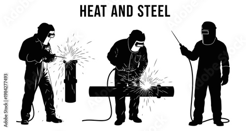 Welders in protective gear performing industrial pipe welding with sparks against a white background