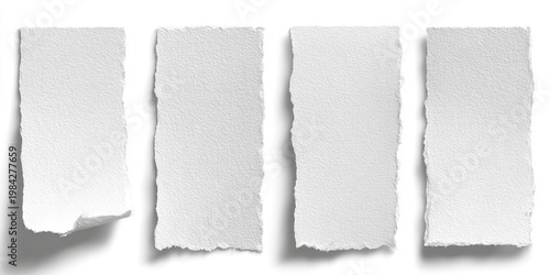 Four torn white paper strips are arranged on a white background, showcasing a textured, distressed aesthetic with distinct shadows.