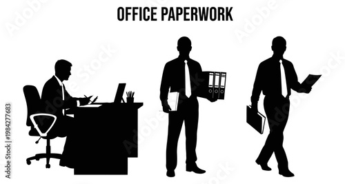 Businessmen managing paperwork in office settings with different tasks and poses
