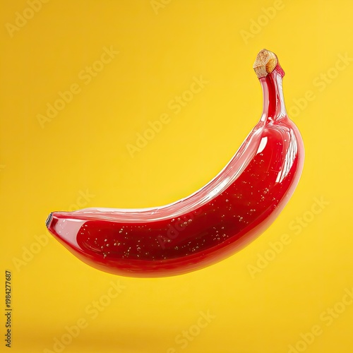A surreal and vibrant image showcases a banana transformed into a glossy, red, glass-like sculpture against a bright yellow background, creating a striking visual contrast.