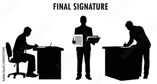 Businessmen signing documents at desks during a final signature process