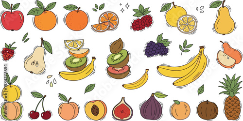 Large collection of hand drawn fruit vector icons including apple orange banana pear and pineapple for healthy food design.