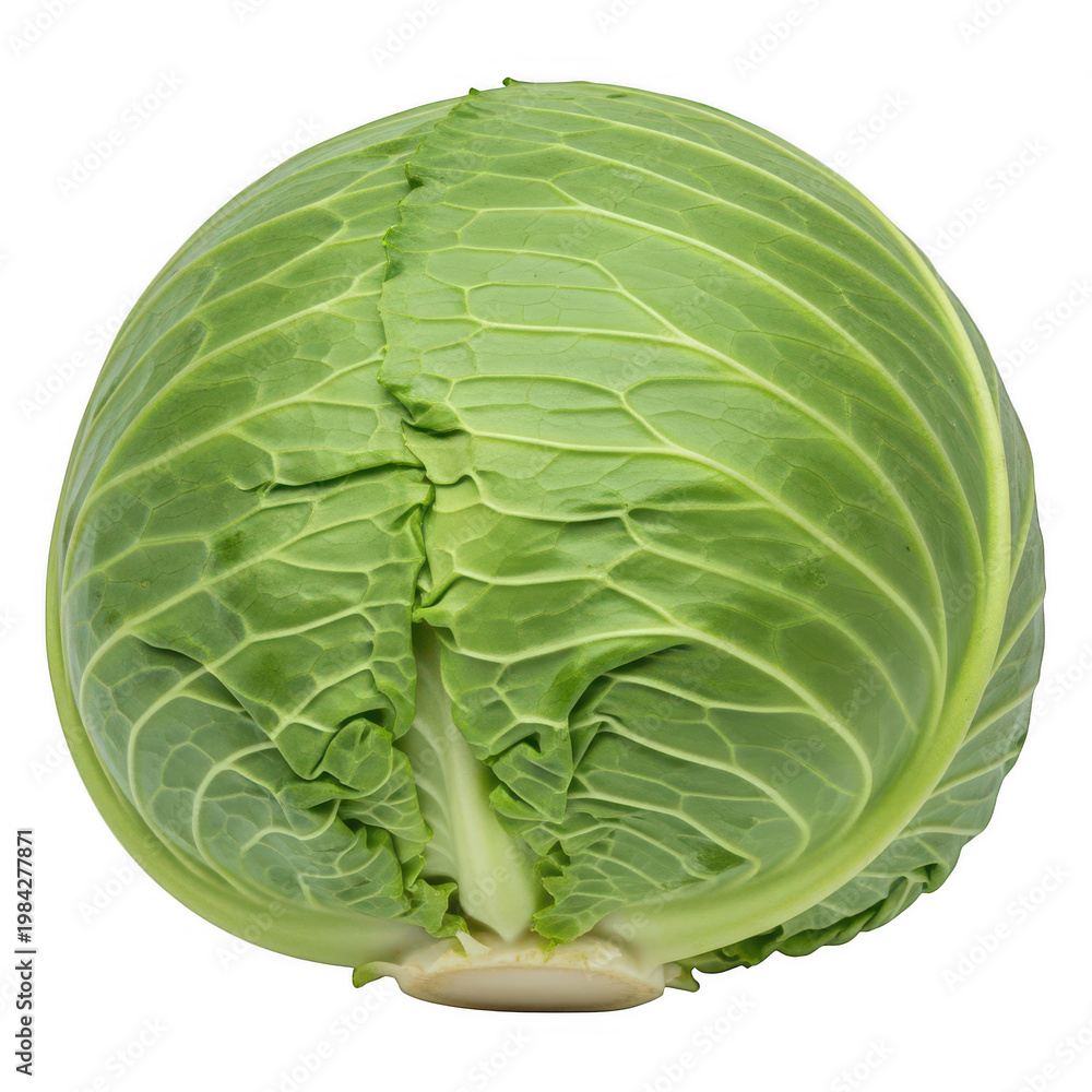 Fototapeta premium A fresh round head of green cabbage displaying its tightly packed layers and natural leaf texture
