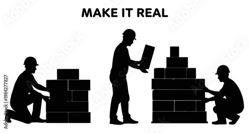 Construction workers building brick walls with teamwork and focus on creation