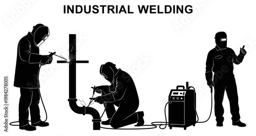 Industrial welders performing fabrication with welding equipment in a workshop setting