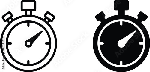 Black and white stopwatch vector icons set isolated on background showing time measurement symbol for sports timing and countdown concept