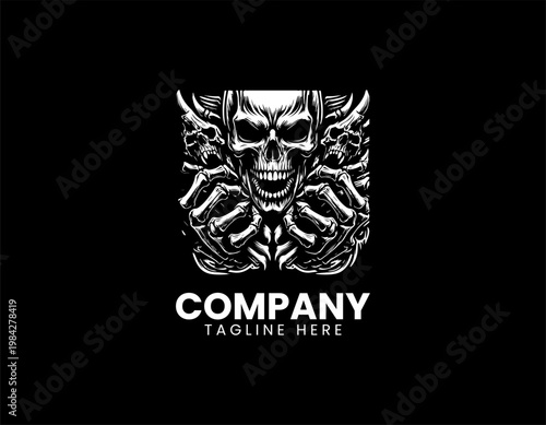 A scary screaming human skull is being gripped by skeletal monster hands with sharp claws in a bold black vector style.