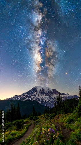 Snowy mountain under a vibrant Milky Way, path and wildflowers below