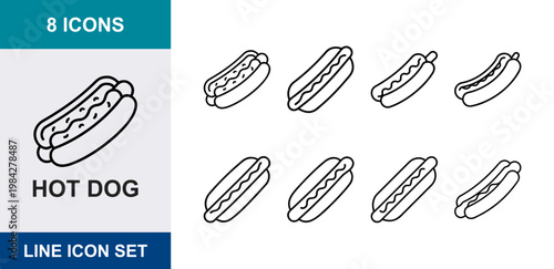 8 Hot dog linear icons sausage bun mustard ketchup snack fast food, UI and web interface design