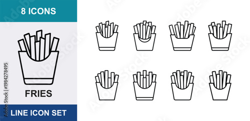 8 French fries linear icons potato sticks paper box fast food snack takeaway, UI and web interface design