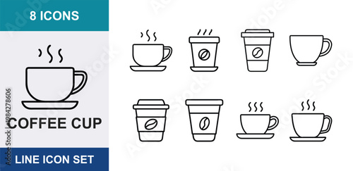 8 Coffee cup linear icons mug saucer steam bean takeaway paper container espresso latte, UI and web interface design