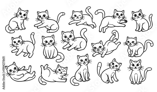 Funny kitten doodle collection black and white vector cute cats in playful poses set