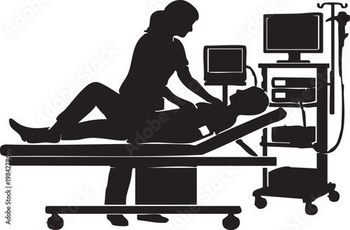 Endoscopy Nurse Prepping Patient on Examination Table Vector Silhouette