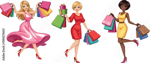 Stylish Shopping Women Vector Set with Colorful Bags, High Heels, Gifts, and Fashionable Outfits for Retail, Shopping, and Lifestyle Designs