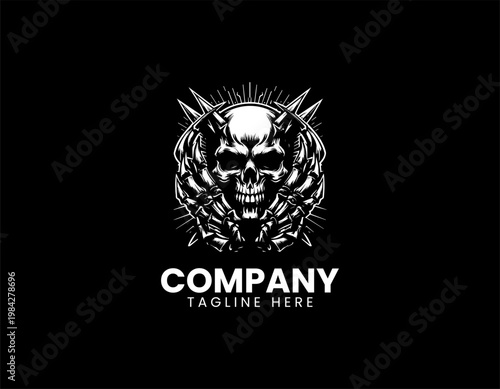 A scary screaming human skull is being gripped by skeletal monster hands with sharp claws in a bold black vector style.