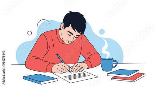 Man diligently writing on a piece of paper, surrounded by books and a warm coffee cup, symbolizing study and focused work.