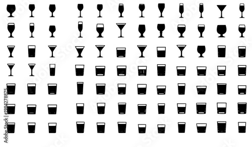 Drinking glass silhouettes collection with wine goblets champagne flutes martini and cocktail glasses in vector set