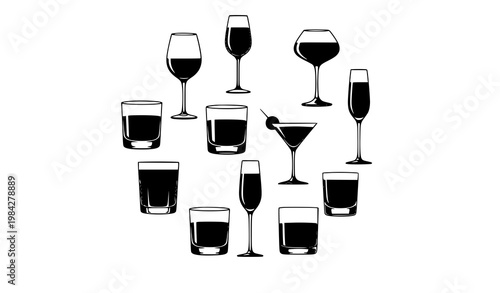Modern drinking glass silhouettes with wine champagne martini and cocktail shapes in circular vector layout