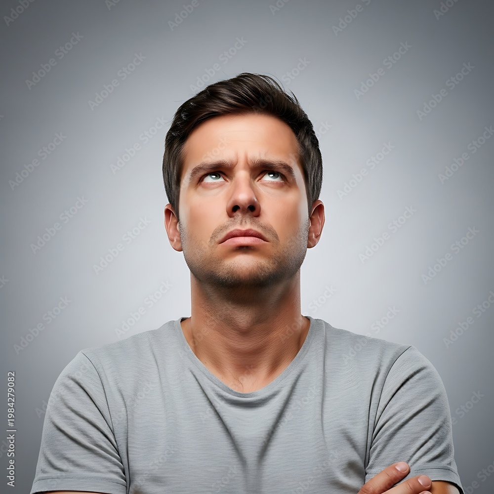 Fototapeta premium Man with a skeptical expression looking upwards in contemplation.