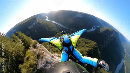 Wingsuit Skydiver Soaring Over Scenic Mountain Landscape with River