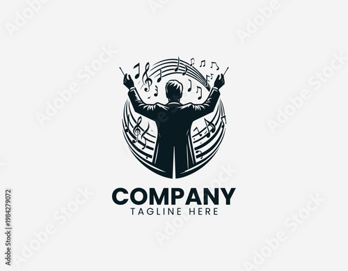 Music conductor leading orchestra with raised hands is illustrated in clean elegant black vector logo style on white background