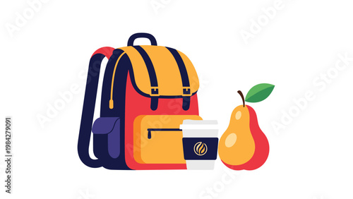 Essential items for a productive day or journey, including a backpack, a warm coffee cup, and a fresh healthy pear, signifying daily readiness.