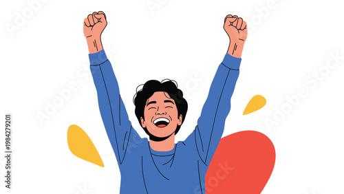 An exuberant young man joyfully celebrates with arms raised, his face beaming with laughter and pure happiness, surrounded by abstract shapes.