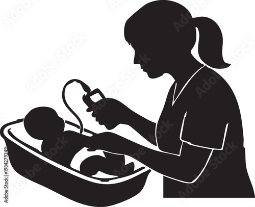 Infant Vector Silhouette of Audiologist Conducting Neonatal Hearing Screening